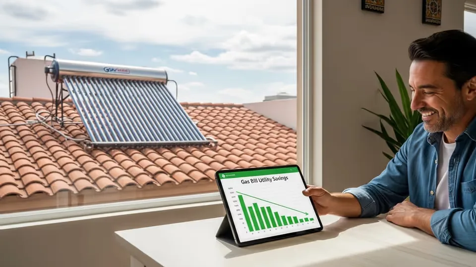 Persona comparando el ahorro en el recibo de gas tras instalar un calentador solar en casa