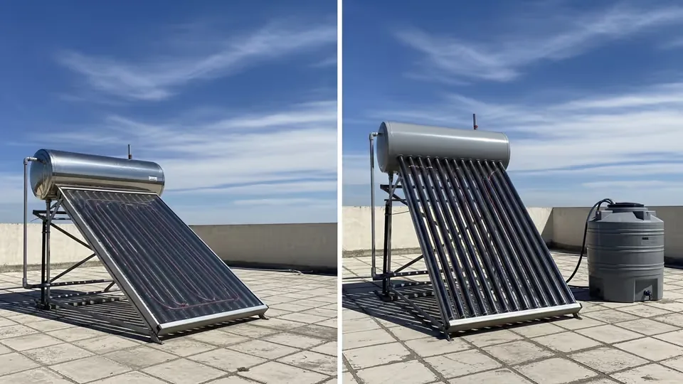 Dos calentadores solares mexicanos lado a lado: termosifón de baja presión y sistema presurizado con tinaco