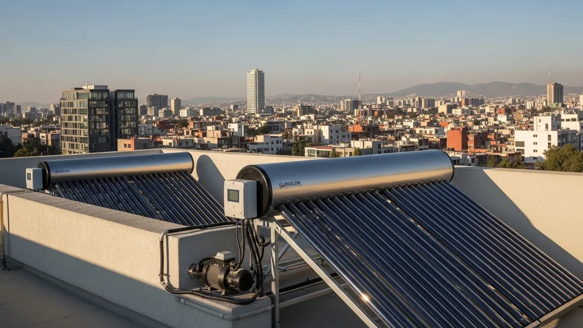 Calentadores solares presurizados instalados en azotea en zona urbana de México