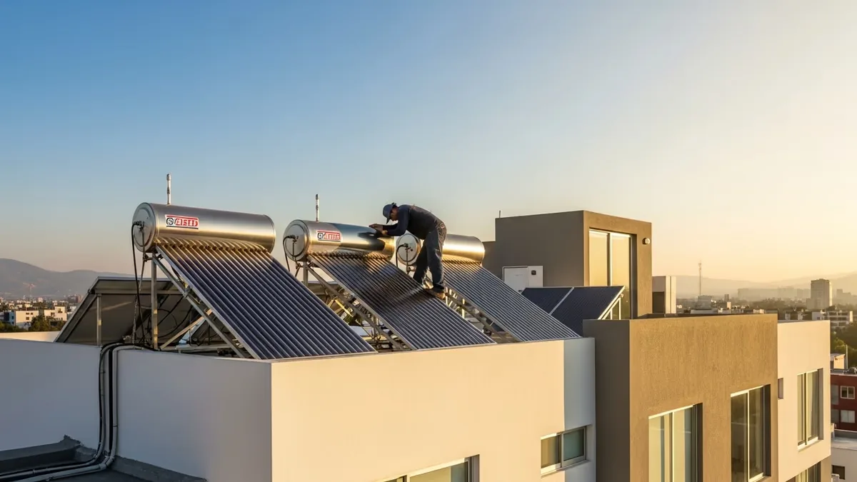 Técnico instalando un calentador solar en la azotea de una casa en CDMX