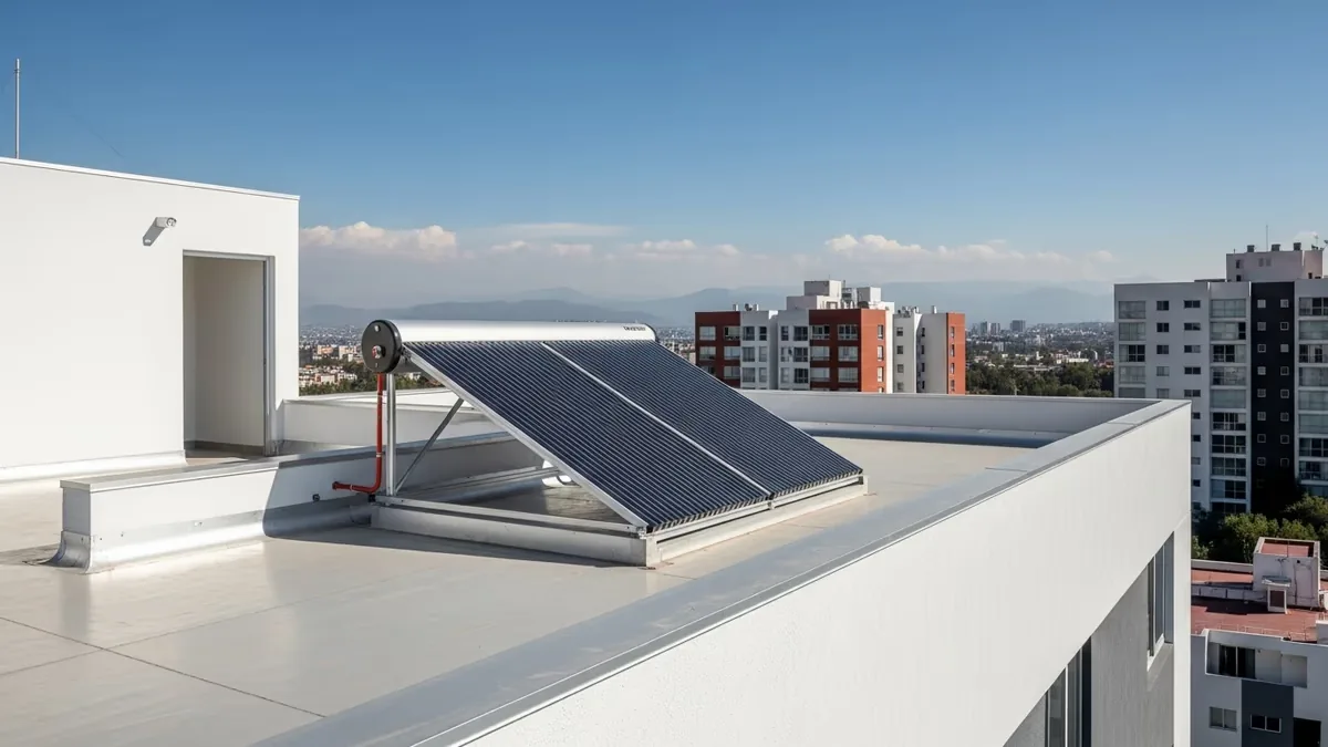 Calentador solar compacto instalado en la azotea de un edificio de departamentos