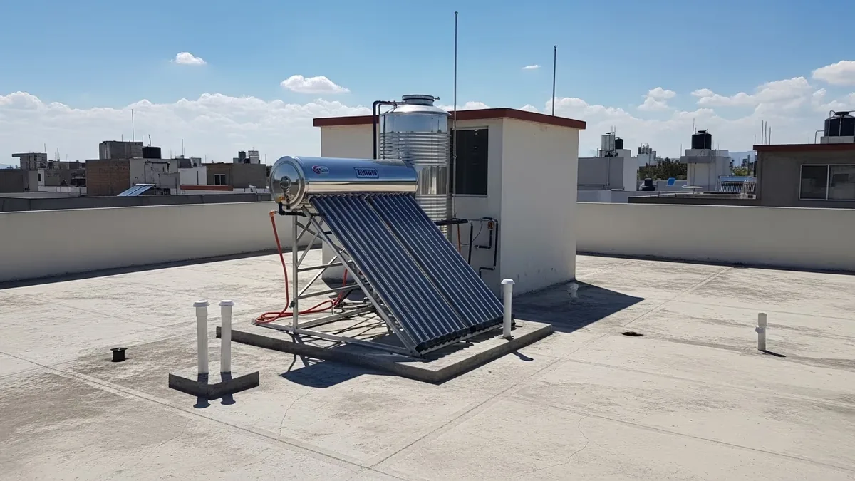 Calentador solar de termosifón con termotanque instalado en azotea de una casa en México