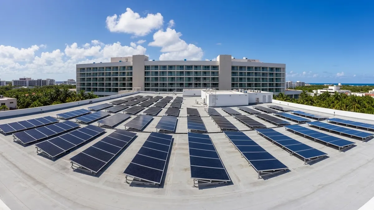 Arreglo de colectores solares térmicos en la azotea de un hotel en México