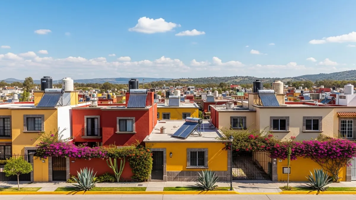 Hilera de casas de un fraccionamiento en el centro de México con calentadores solares instalados en azotea